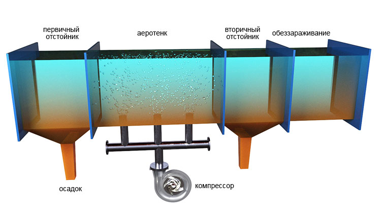 Аеротенк и другие отсеки в сооружении для очистки сточных вод